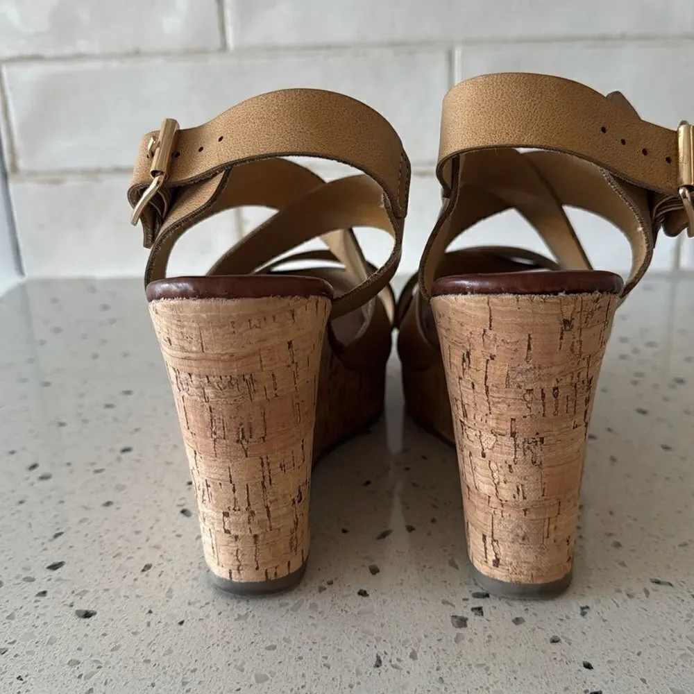 Seven7 Winnie Wedge Cork Natural Tan Vegan Leather Heeled Sandals Shoes size 9